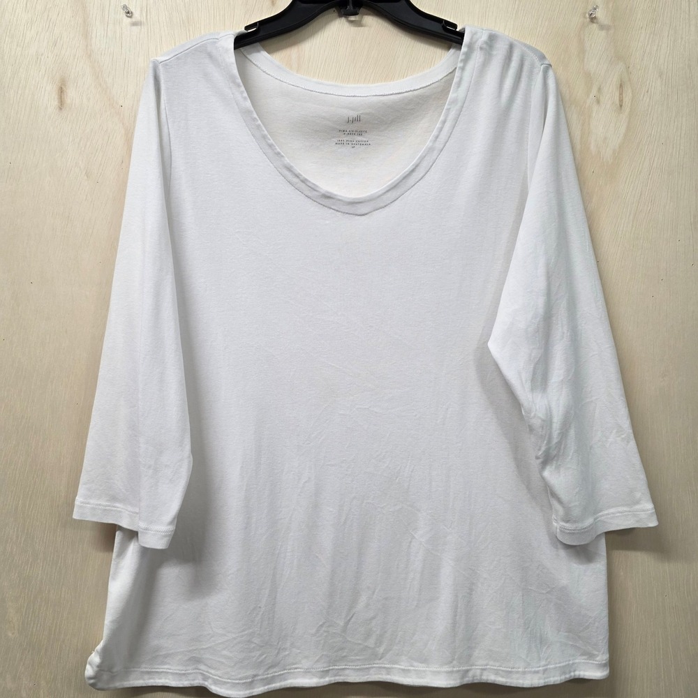 J. Jill White Pima Cotton 3/4 Sleeve V-Neck Tee Petite Large LP